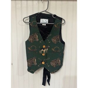 Kids Bay Point‎ Horse Dog Horn Tapestry Vest Green Button Front Size 7/8 Vintage